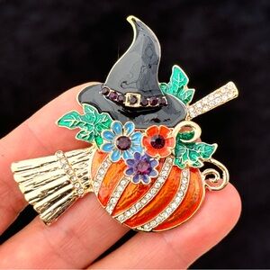 Halloween Rhinestone Brooch Pumpkin Brooch Witch Brooch Witch Pin
